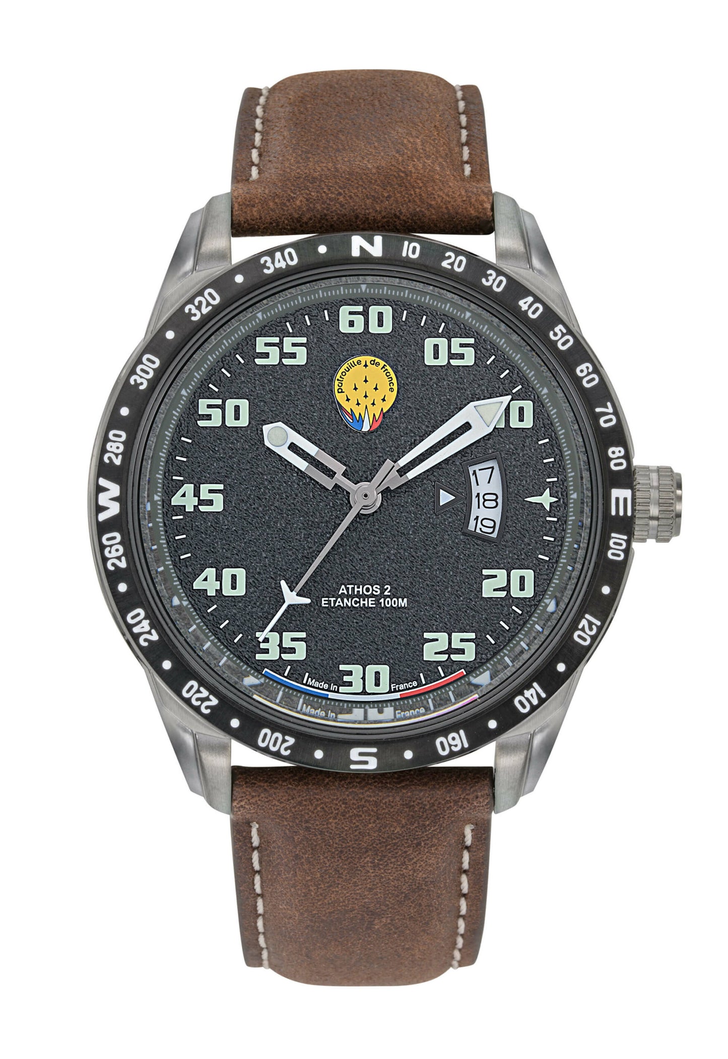 Montre Patrouille de France Athos2 - Cadran Noir & Bracelet Cuir Marron A2-100ID-668125
