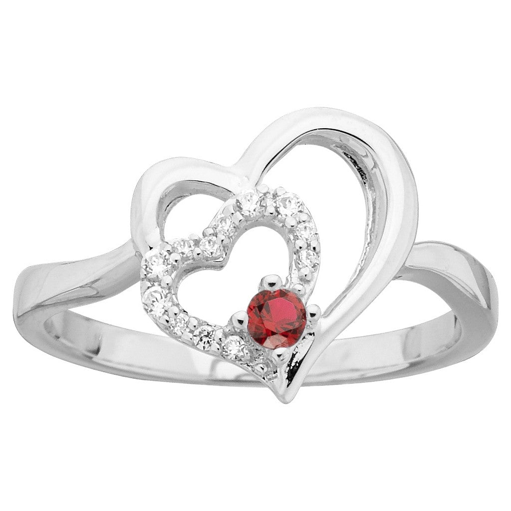 Bague Cœur en Argent 925‰ avec Oxyde Rouge et Oxydes Blancs