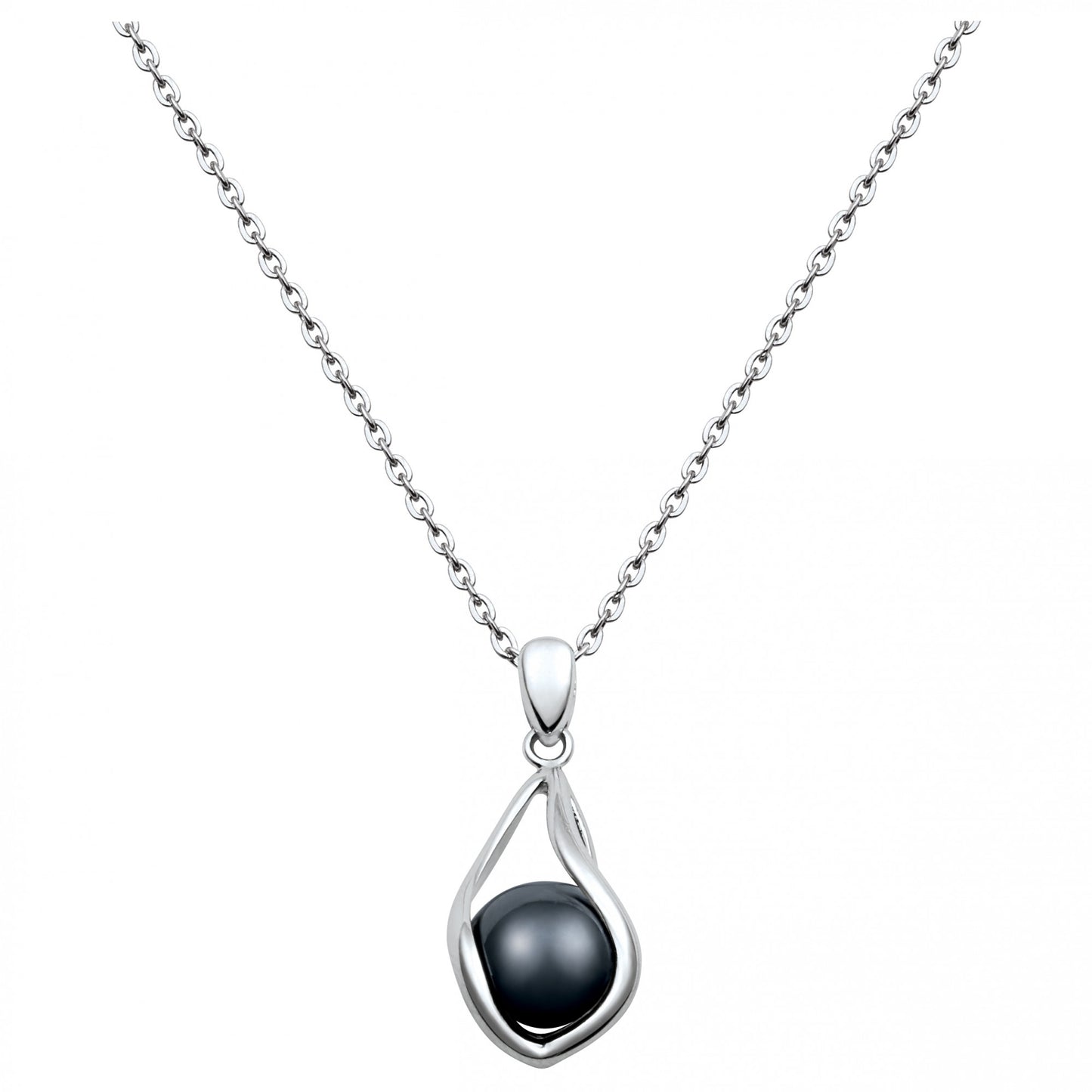 COLL. CH.PEND. MOTIF CAGE ACIER ET BOULE CERAM. NOIRE 40+5cm