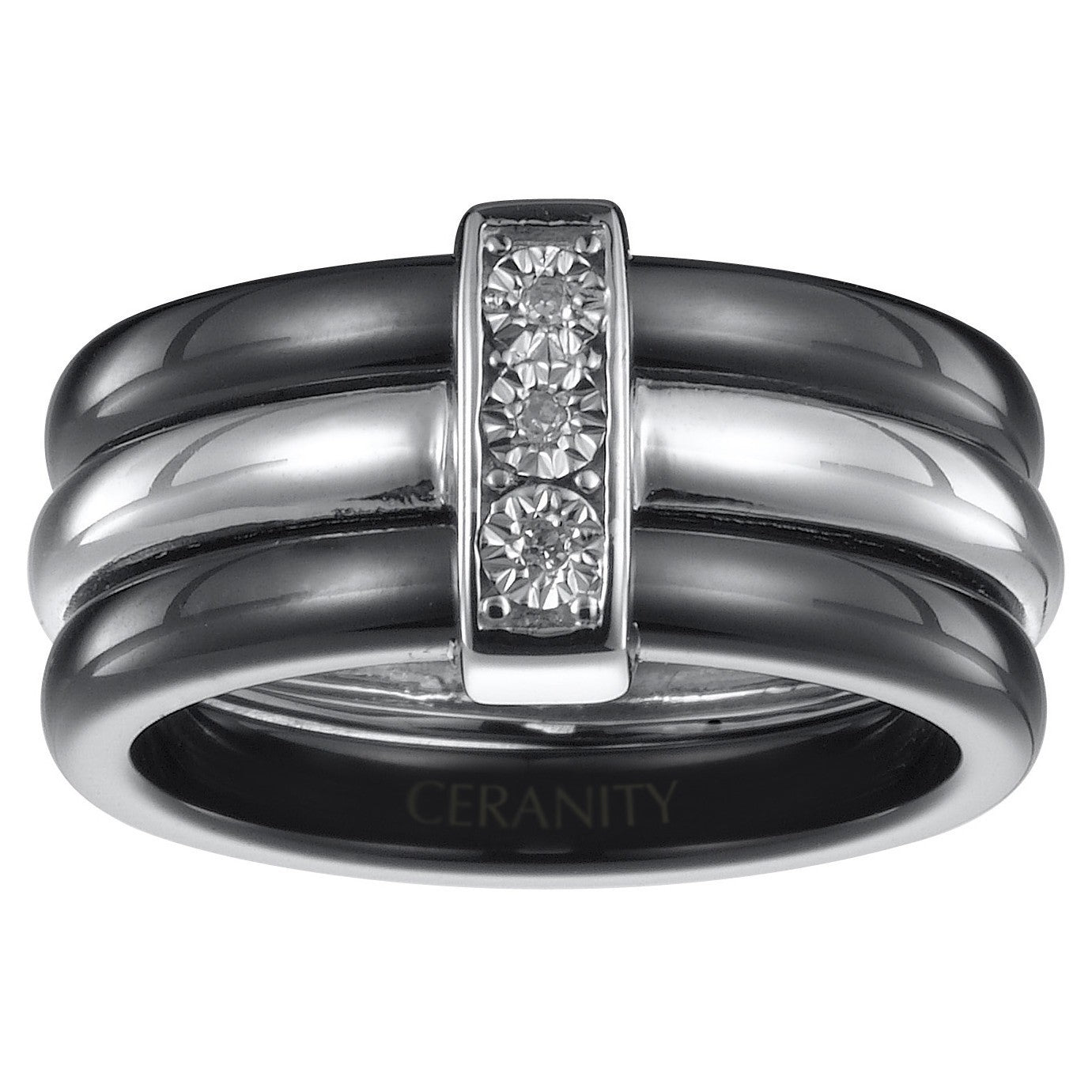 BAGUE 1ANNEAU ARGENT 2CERAM. NOIRE 3DIAM. 0.015CT - Bijouterie Cordier