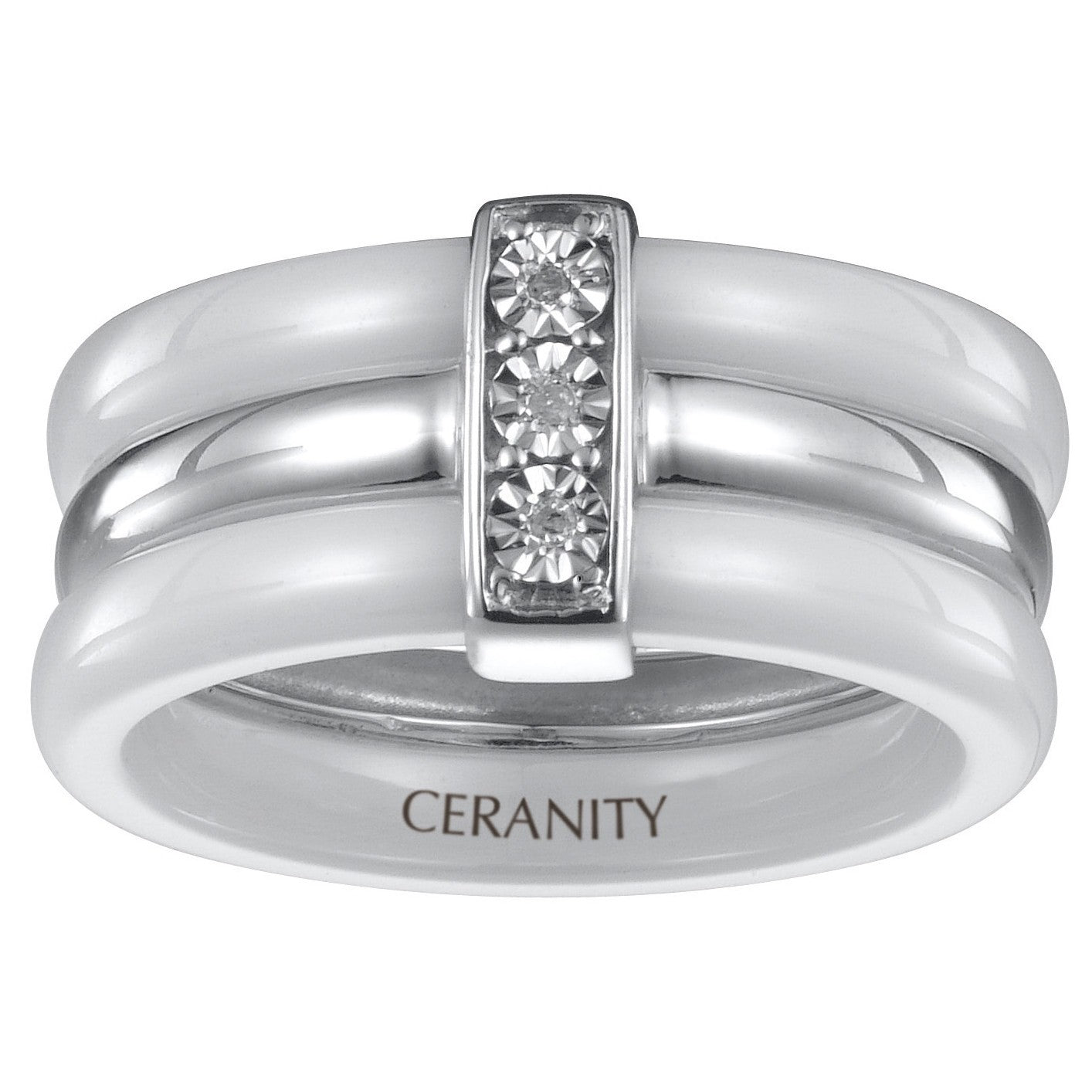 BAGUE 1ANNEAU ARGENT 2 ANNEAUX CERAM. BLANC 3DIAM 0.015CT - Bijouterie Cordier