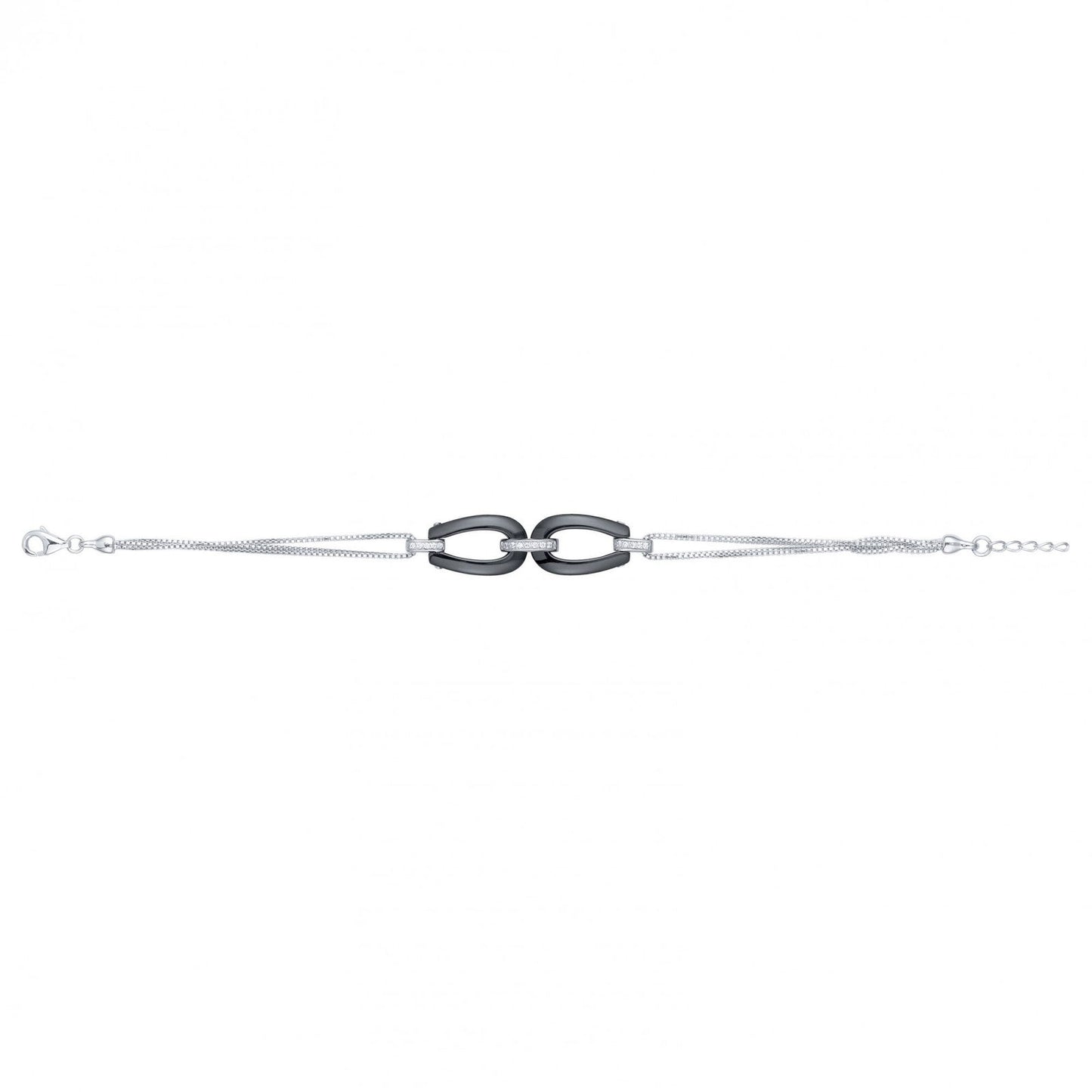 BRAC.CHAINES CERAM NOIRE FER A CHEVAL/ANNEAUX AG OX. ZIRCON 17CM+1.5