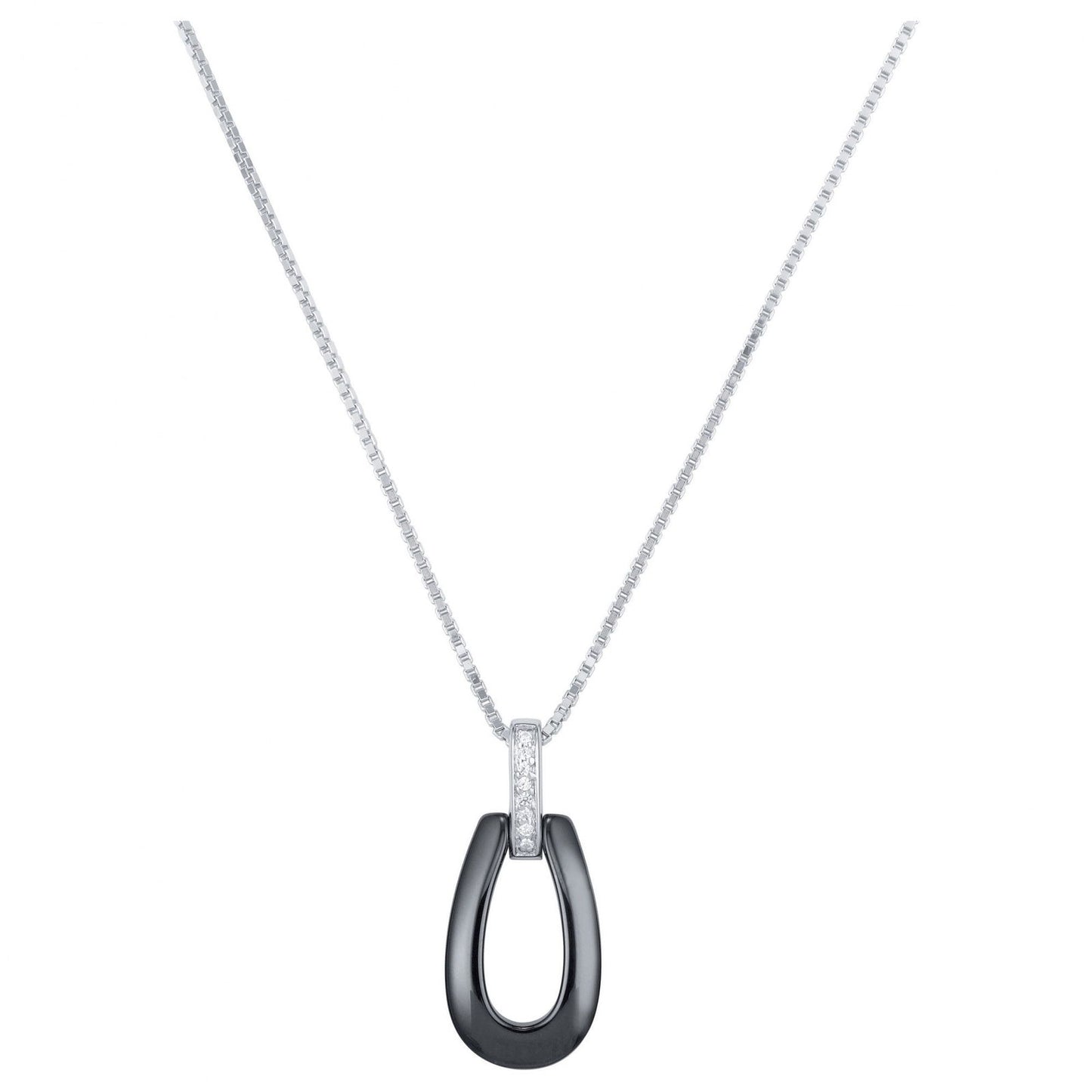 CHAINE PEND. AG. CERAM NOIRE FER A CHEVAL/TIGE OX. DE ZIRCON 42+3CM