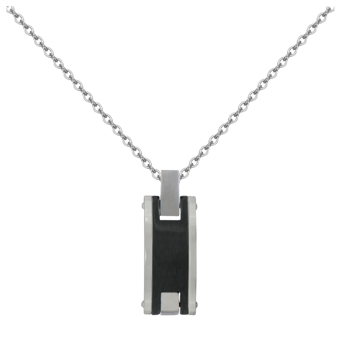 CHAINE PENDENTIF ACIER ET CERAMIQUE NOIRE MAT 50+5CM
