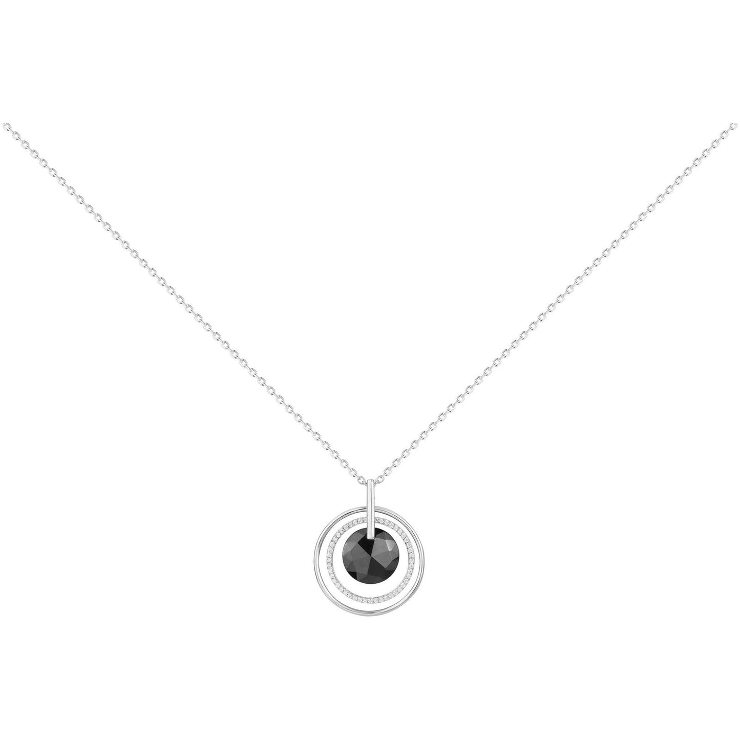 COLL ARGT ROND CERAM FACETTEE NOIRE ET ANNEAUX ARGT ET OZ 42+3CM