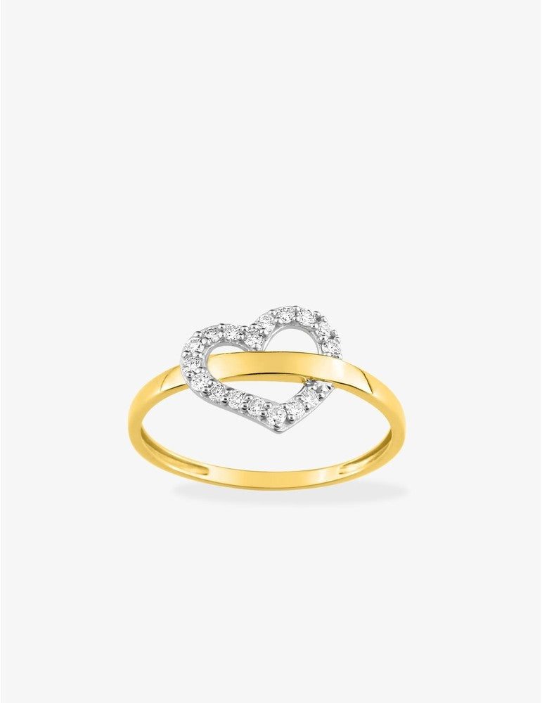 Bague cœur en or jaune 375‰, oxydes et anneau traversant