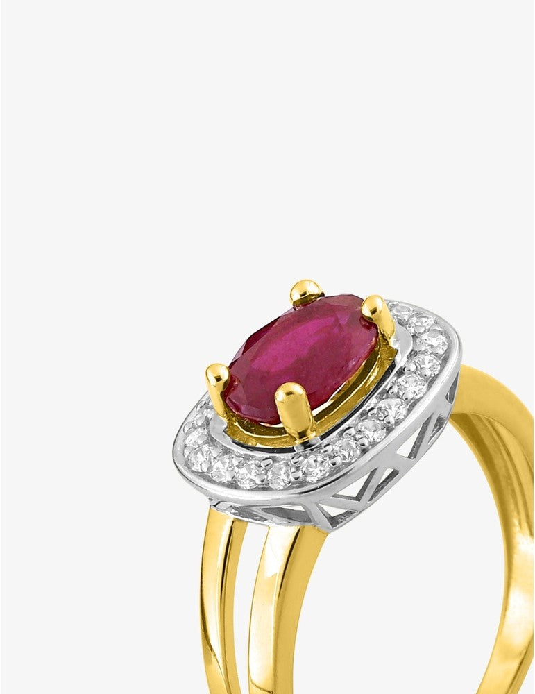 Bague double anneau en or jaune 375‰, rubis et oxydes