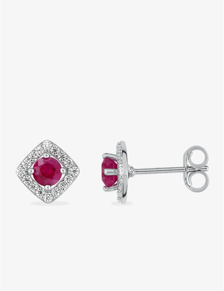 Boucles d'oreilles carré or blanc 375 ‰, oxydes de zirconium et rubis