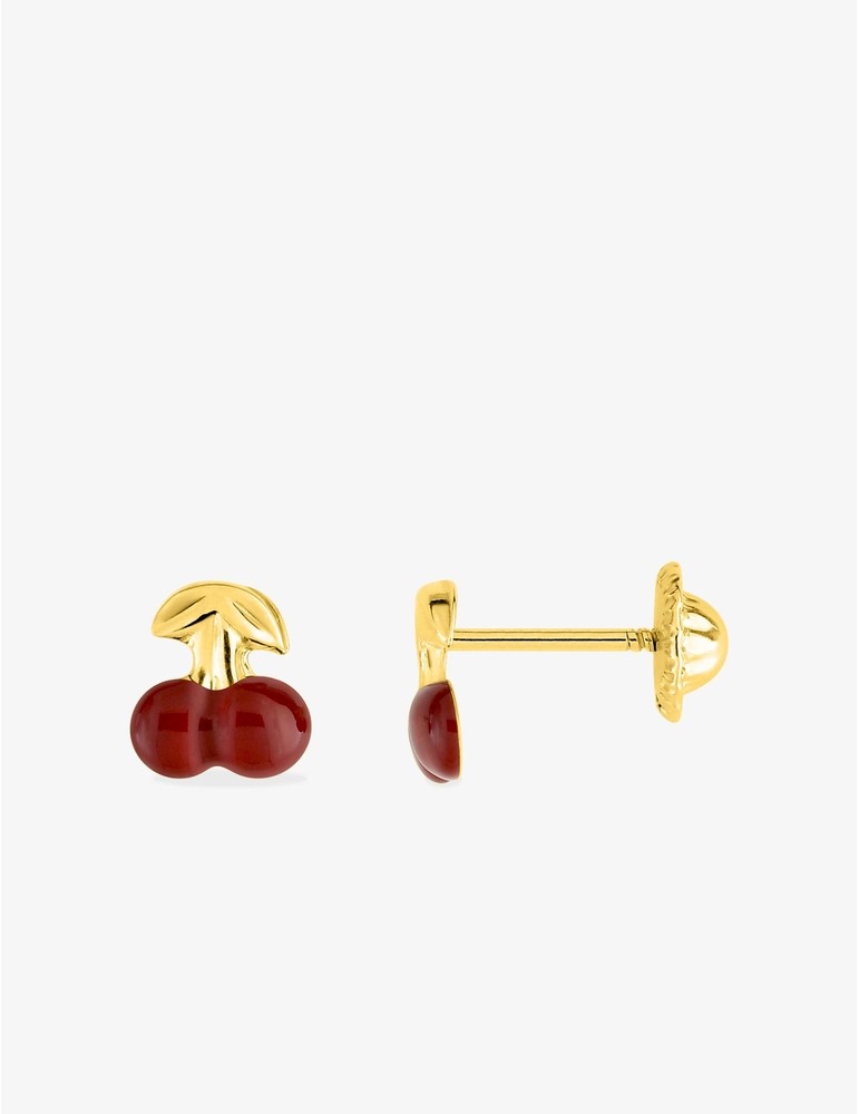 Boucles d’Oreilles Cerise en Or Jaune 750‰ – Laque Rouge & Fermoir Vis