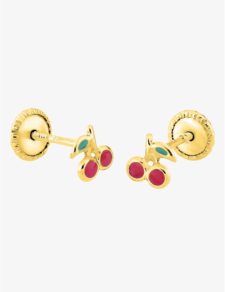 Paire de Boucles d'Oreilles Cerises en Or 375/1000 avec Lac Rouge et Verte – 0.25g