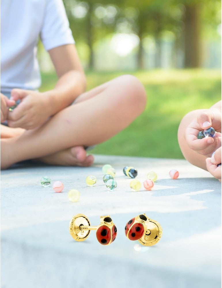 Boucles d’Oreilles Enfant Coccinelle en Or 375 – Système Vis – 0.25g