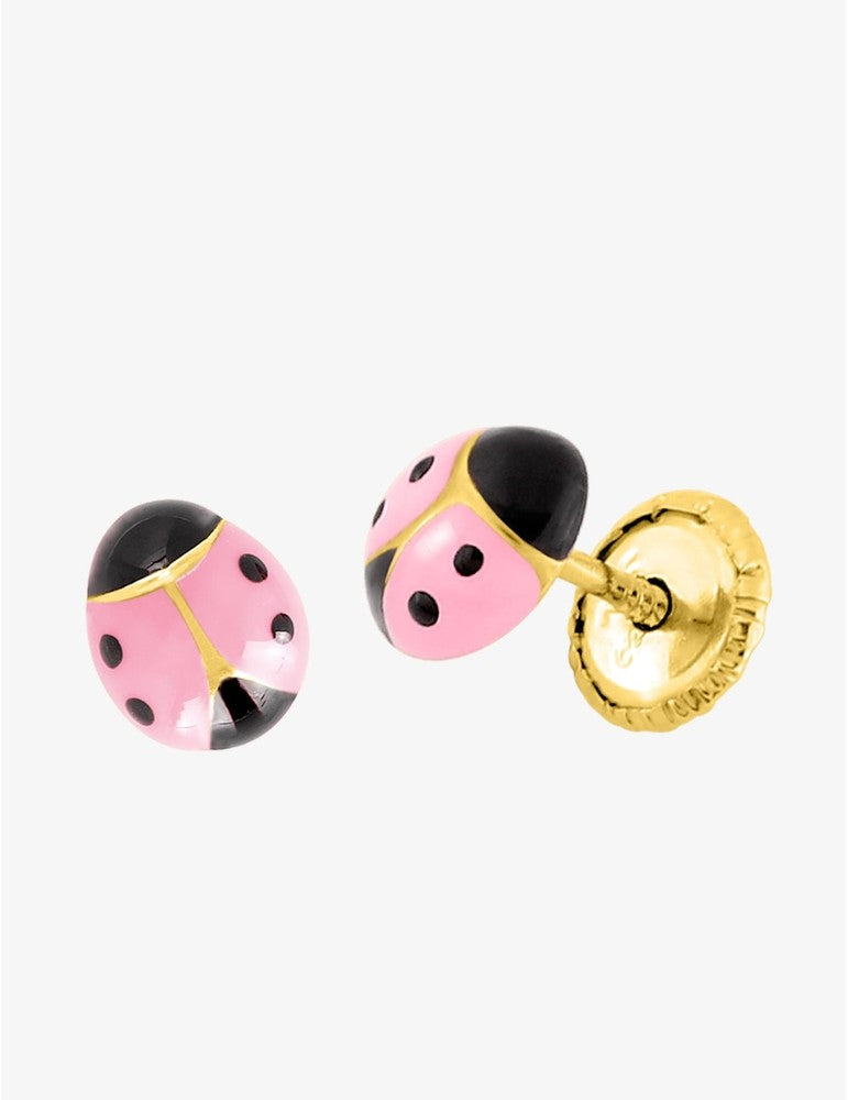Boucles d’Oreilles Coccinelle Rose en Or 750 – Système Vis – 0.30g