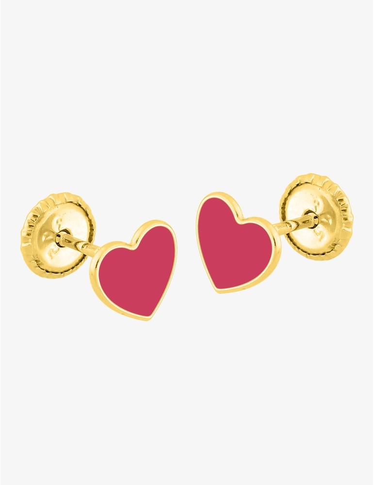 Paire de Boucles d'Oreilles Cœur Émail Fuchsia en Or 375/1000
