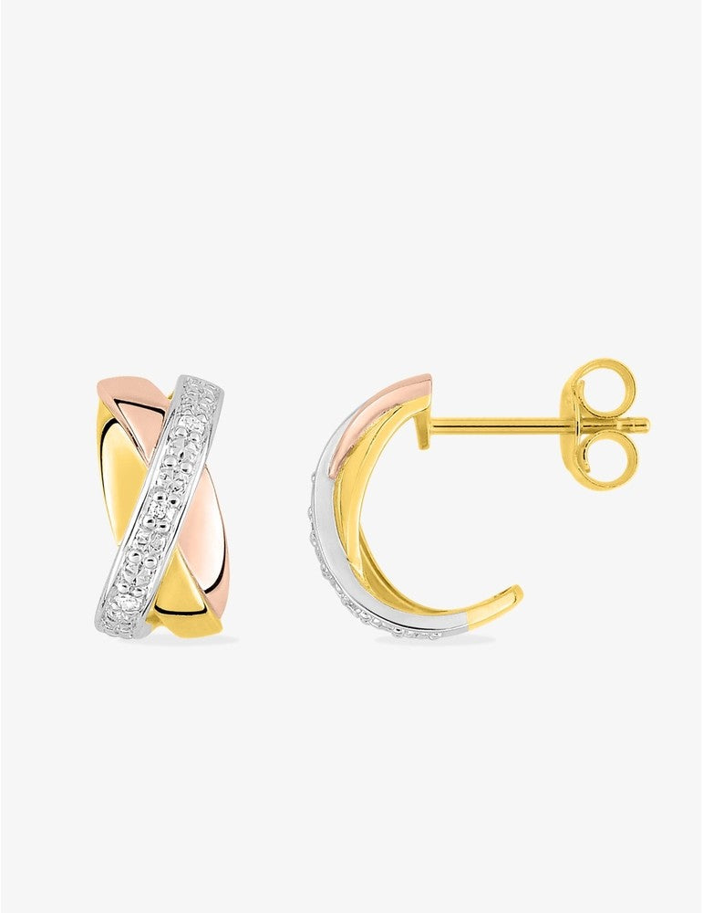 Boucles d’Oreilles Demi-Créoles 3 Ors 750‰ – Diamant 0,03 ct & Fermoir Poussette Belge