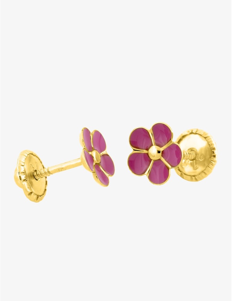Paire de Boucles d'Oreilles Fleurs Émaillées Roses en Or 375/1000 – 0.25g