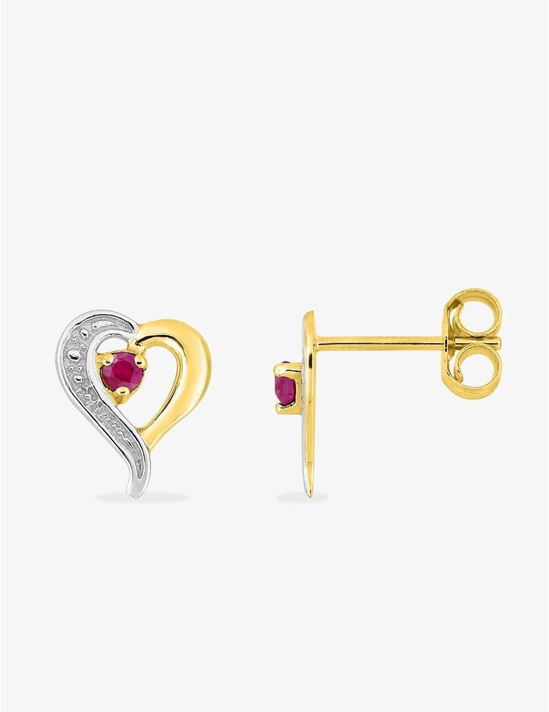 Boucles d'Oreilles Or Jaune 375‰ en Forme de Cœur avec Rubis