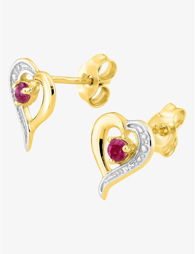 Boucles d'Oreilles Or Jaune 375‰ en Forme de Cœur avec Rubis