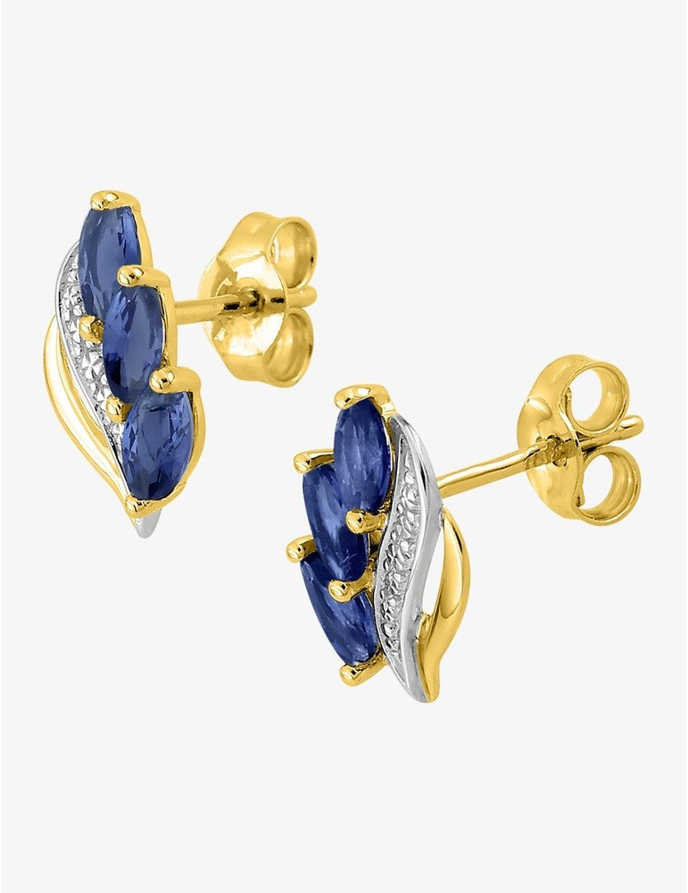 Boucles d'Oreilles Clara Or Jaune 9K, Rhodium et Saphirs Navettes | Bijouterie Cordier