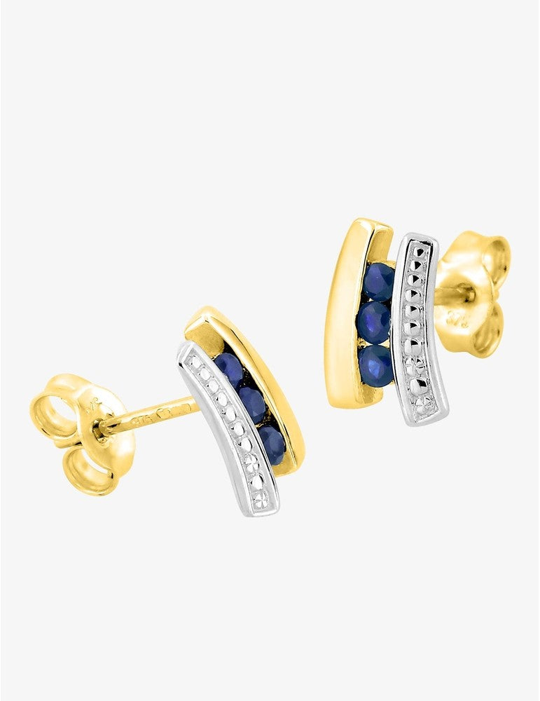 Boucles d'Oreilles Mélanie Or Jaune 9K, Rhodium et Trilogie Saphirs | Bijouterie Cordier