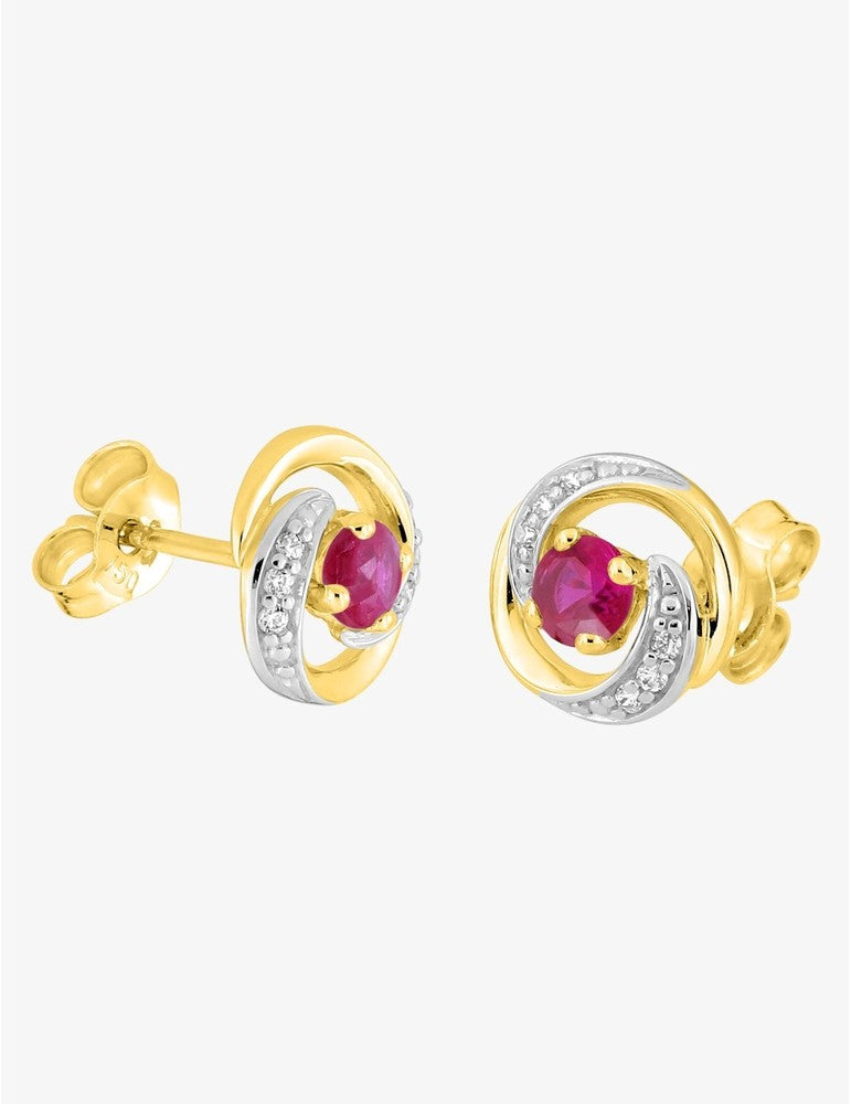 Boucles d'oreilles rosaces or jaune 375‰ avec rubis et oxyde de zirconium