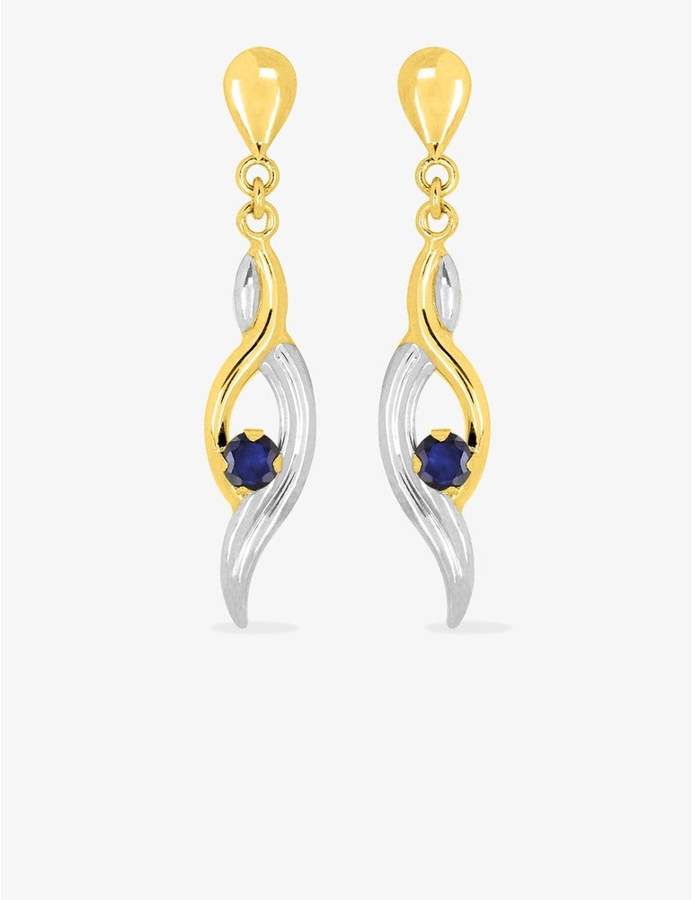 Boucles d’Oreilles Pendantes Rubans Or Jaune 9K, Rhodium & Saphir