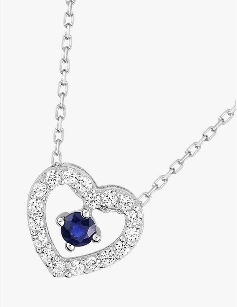 Collier cœur or blanc 375‰, saphir et oxyde de zirconium