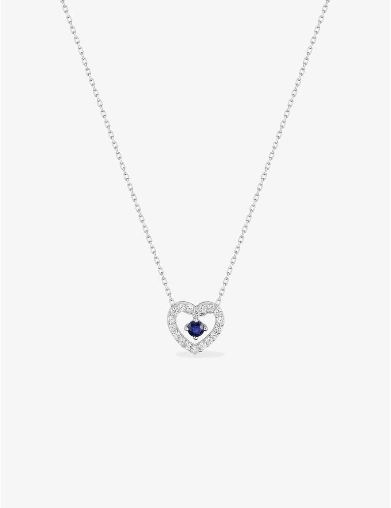 Collier cœur or blanc 375‰, saphir et oxyde de zirconium