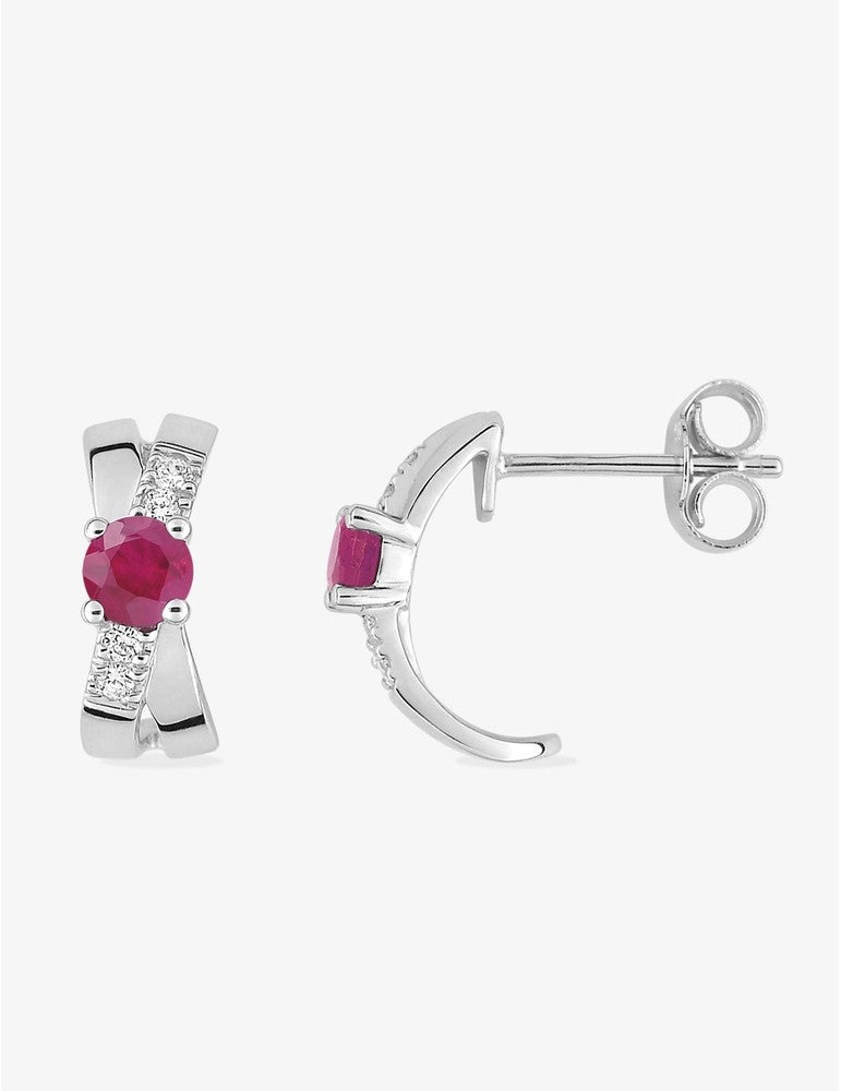 Demi-créoles croisées or blanc 375‰ avec oxydes de zirconium et rubis