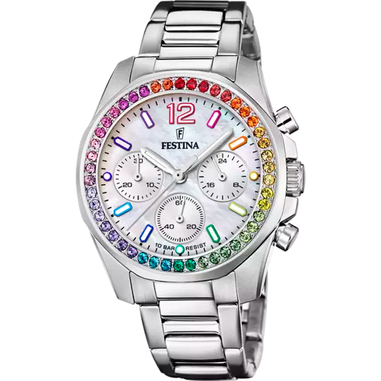 Montre Festina F20606/2 Femme - Collection Rainbow - Acier & Zircons - Chronographe