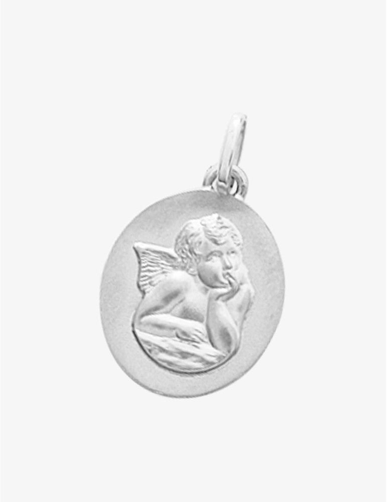Médaille Ovale Ange Or Blanc 375‰, 14x12 mm