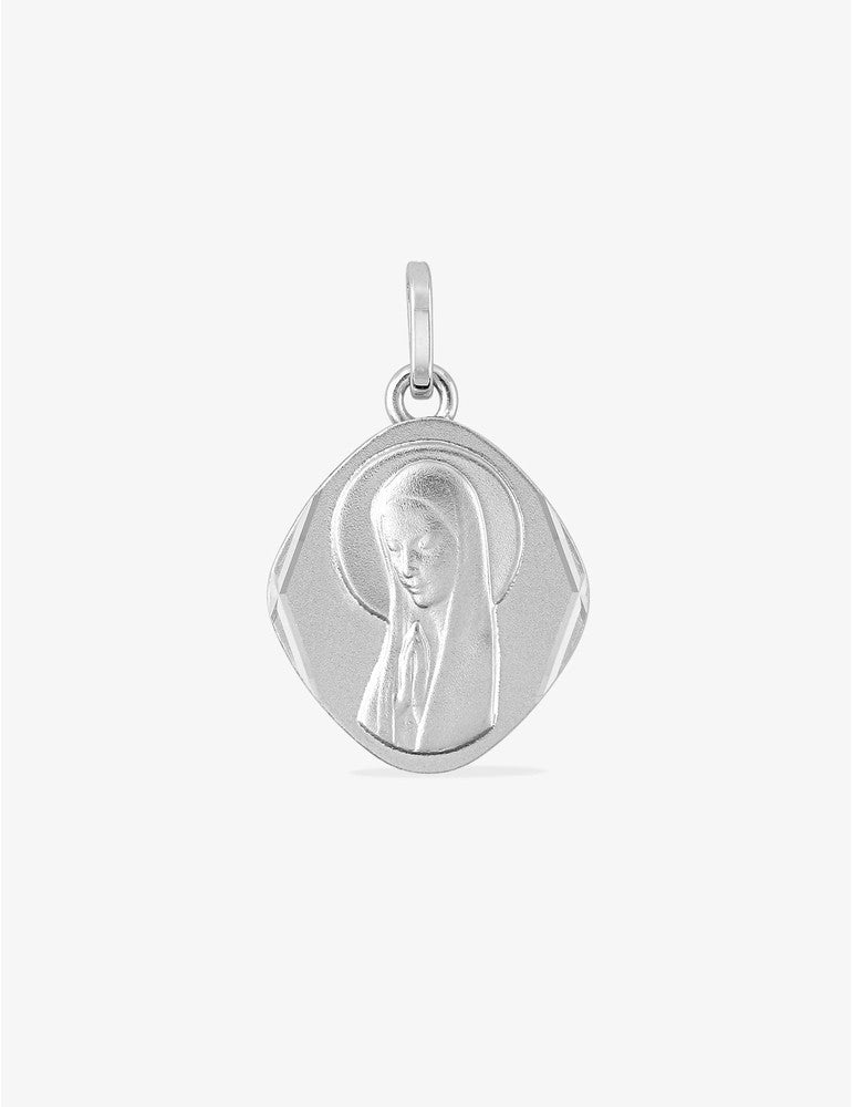 Médaille Vierge Or Blanc 375‰, Plaque Losange 13 x 20 mm