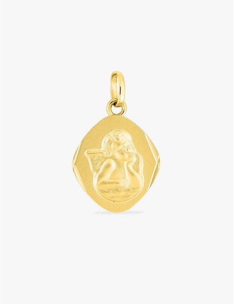 Pendentif Médaille Ange en Or Jaune 18K - Plaque Losange Élégante