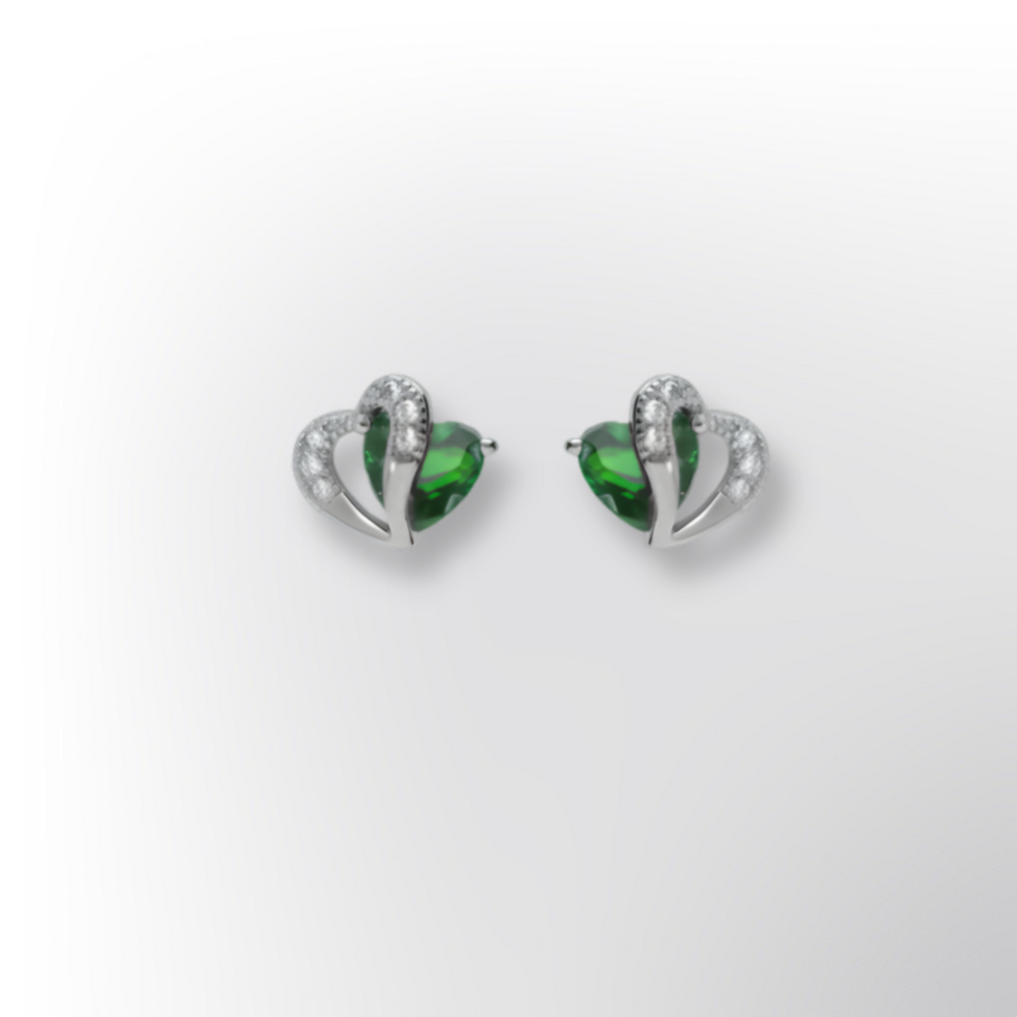 Boucles d’oreilles argent rhodié – Double cœur, oxydes verts et blancs