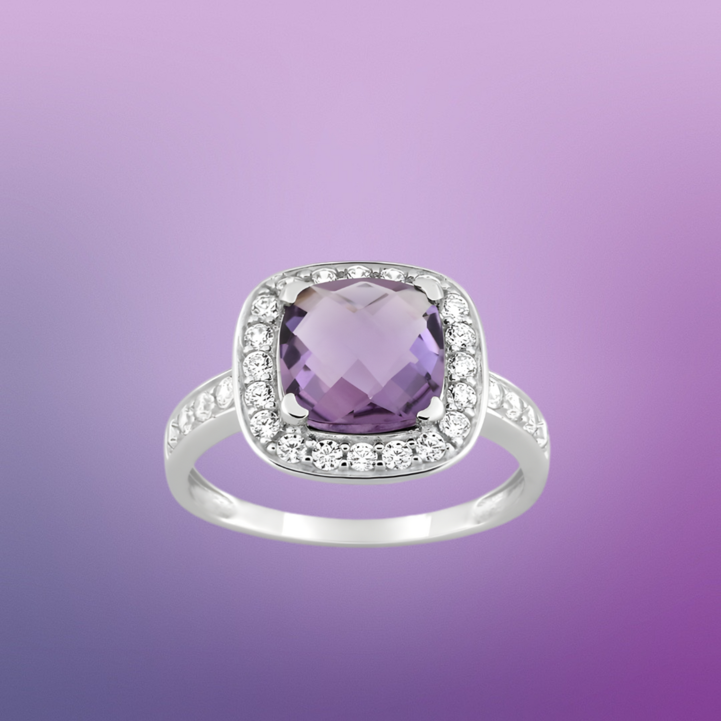 Bague or blanc 375‰ avec améthyste et oxydes scintillants