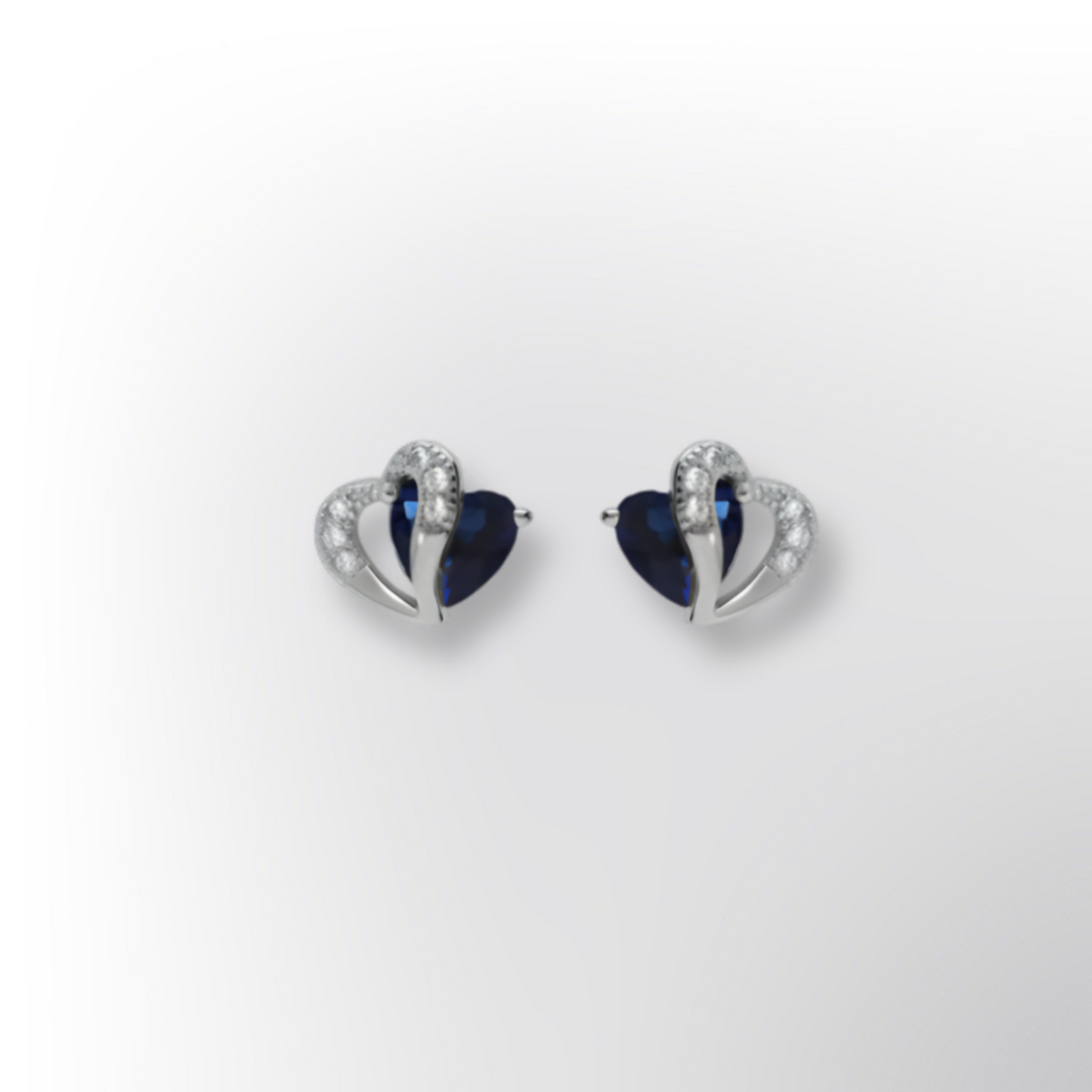 Boucles d’oreilles en argent rhodié – Double cœur, oxydes bleus et blancs