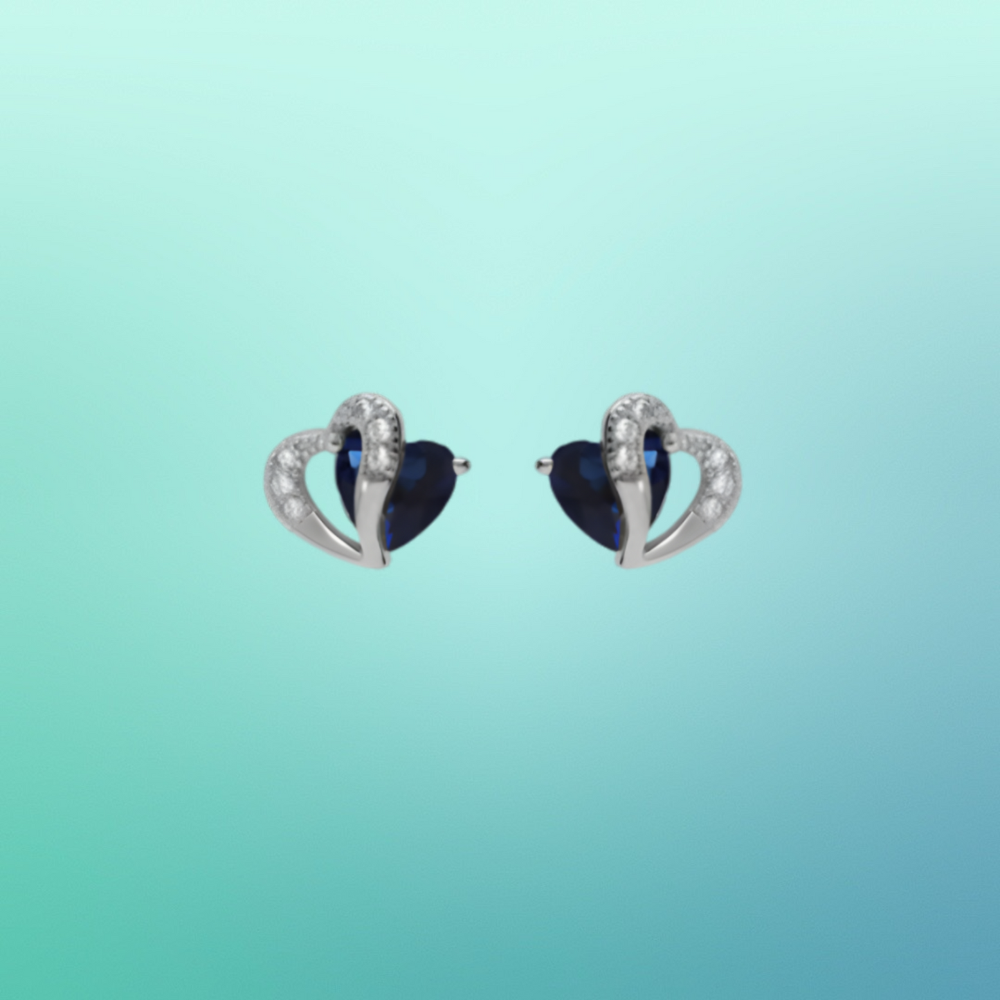 Boucles d’oreilles en argent rhodié – Double cœur, oxydes bleus et blancs
