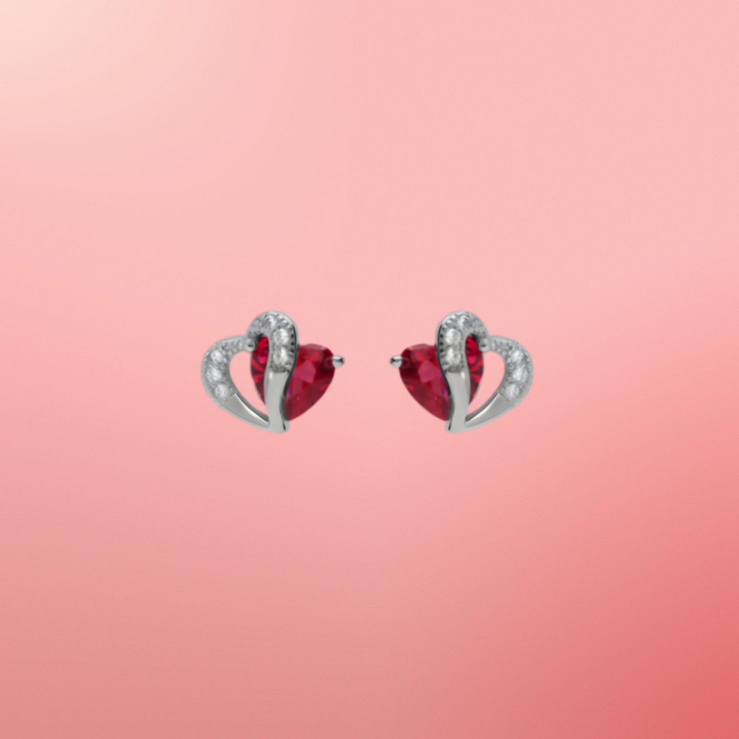 Boucles d’oreilles en argent rhodié – Double cœur, oxydes rouges et blancs