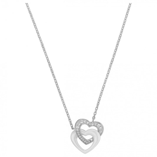COLLIER ARGENT. COEUR CERAMIQUE BLANCHE ET O.Z 40+3CM
