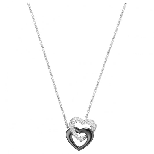 COLLIER ARGENT.COEUR CERAMIQUE NOIRE ET O.Z 40+3CM