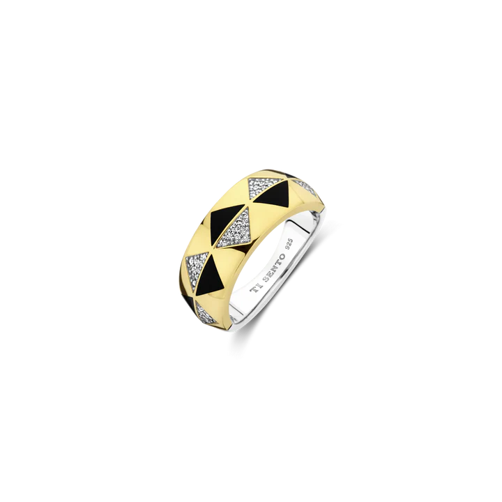 Bague TI SENTO Argent Doré 925 avec Pierre Noire et Oxyde de Zirconium