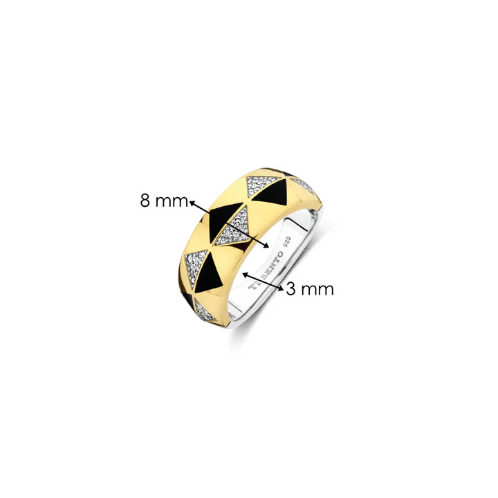 Bague TI SENTO Argent Doré 925 avec Pierre Noire et Oxyde de Zirconium