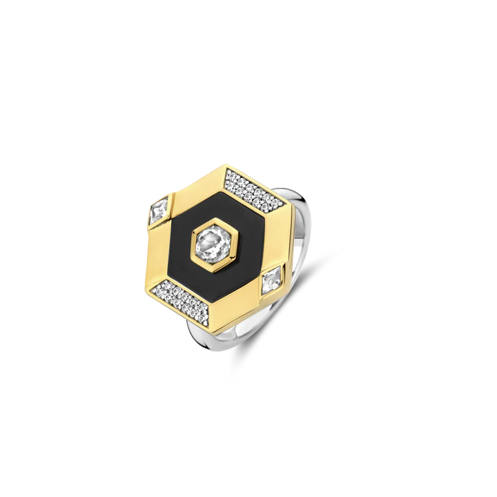 Bague TI SENTO Argent Doré 925 avec Pierre Noire et Zircon