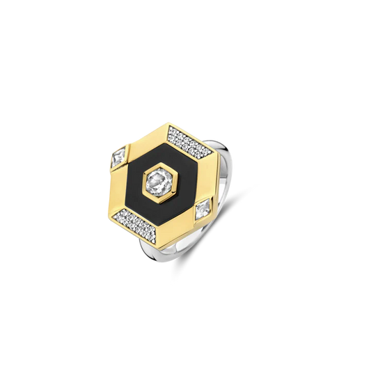 Bague TI SENTO Argent Doré 925 avec Pierre Noire et Zircon