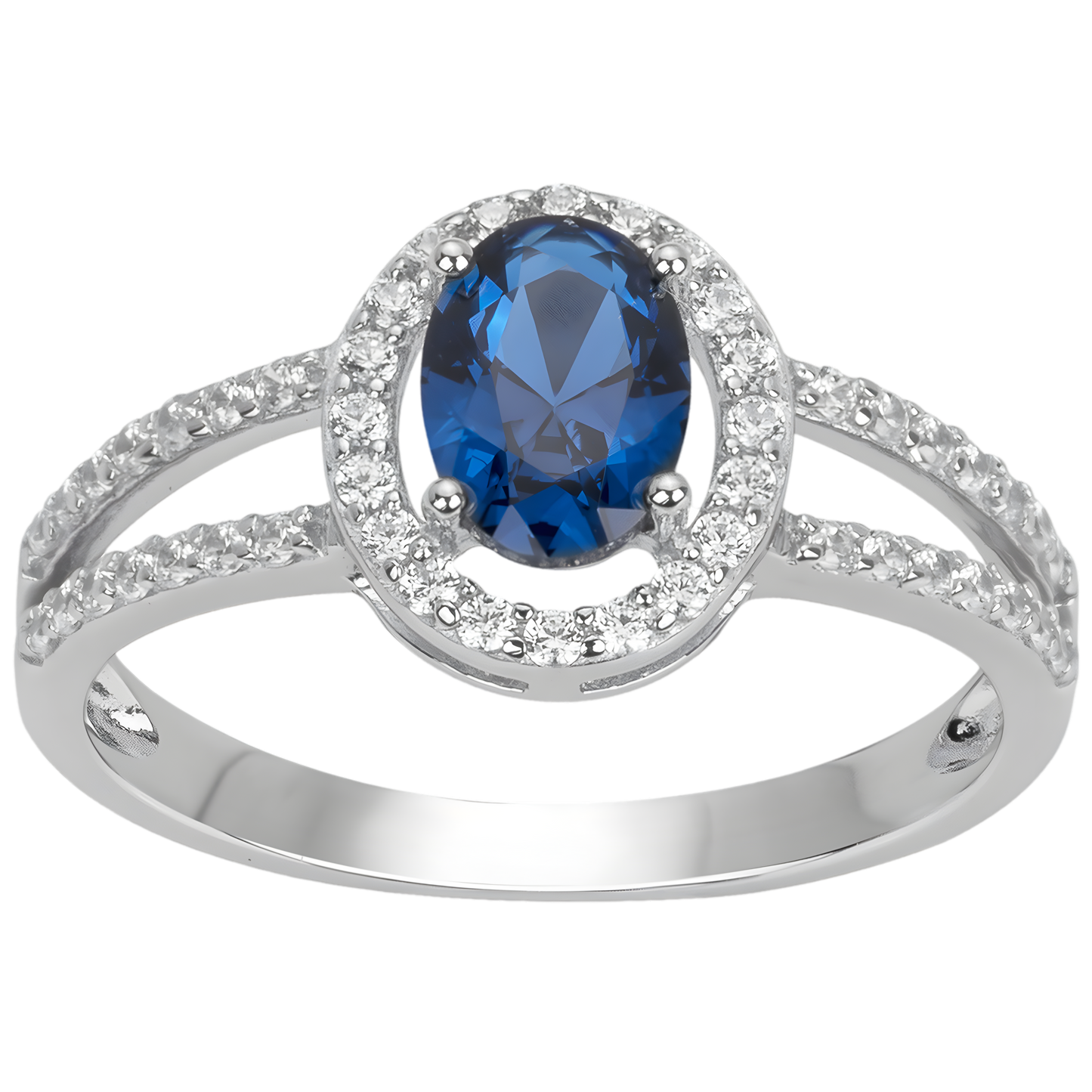Bague Entourage en Argent 925‰ avec Pierre Bleue et Oxydes Blancs