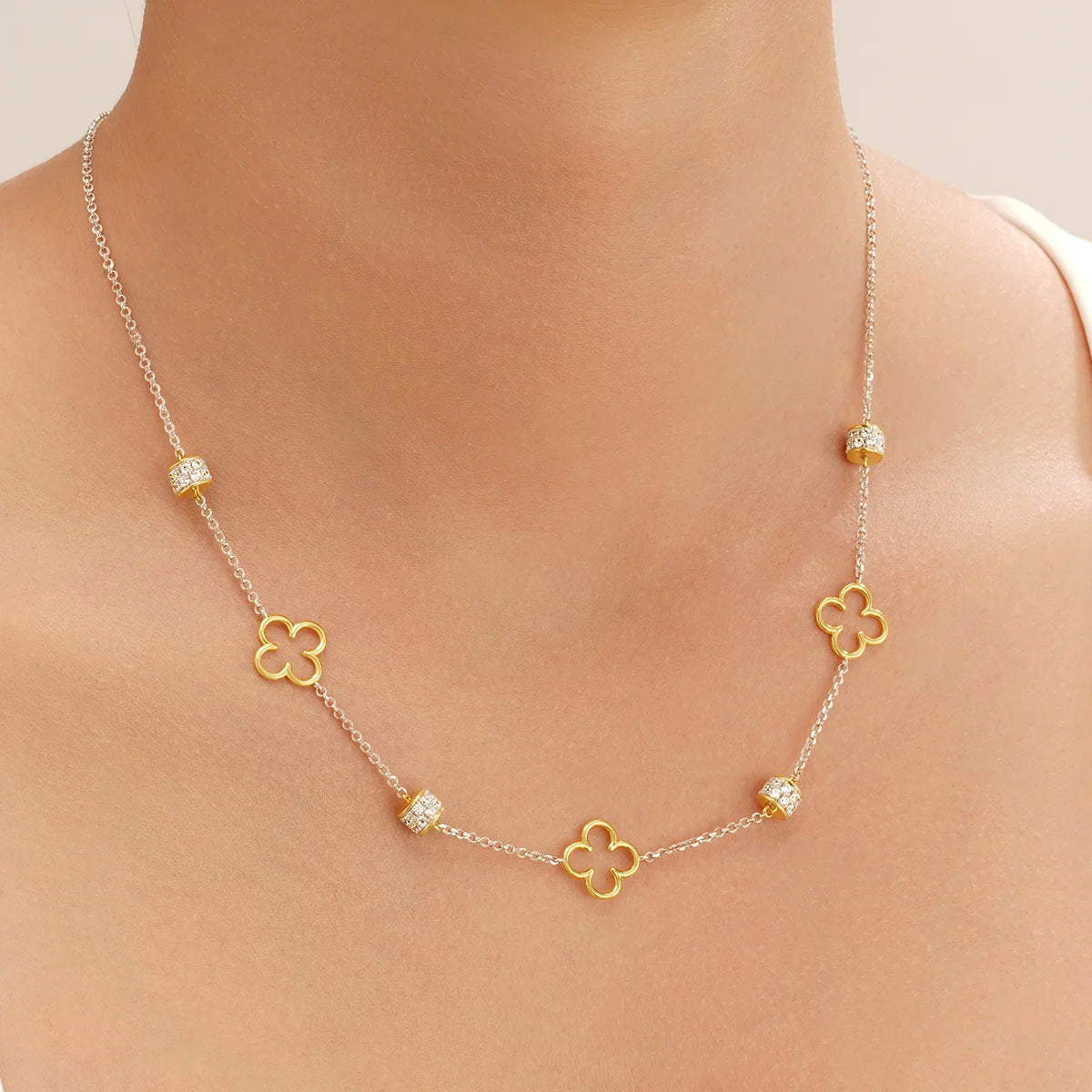 Collier Légende Bicolore Perles Trèfles Argent Doré & Oxydes de Zirconium
