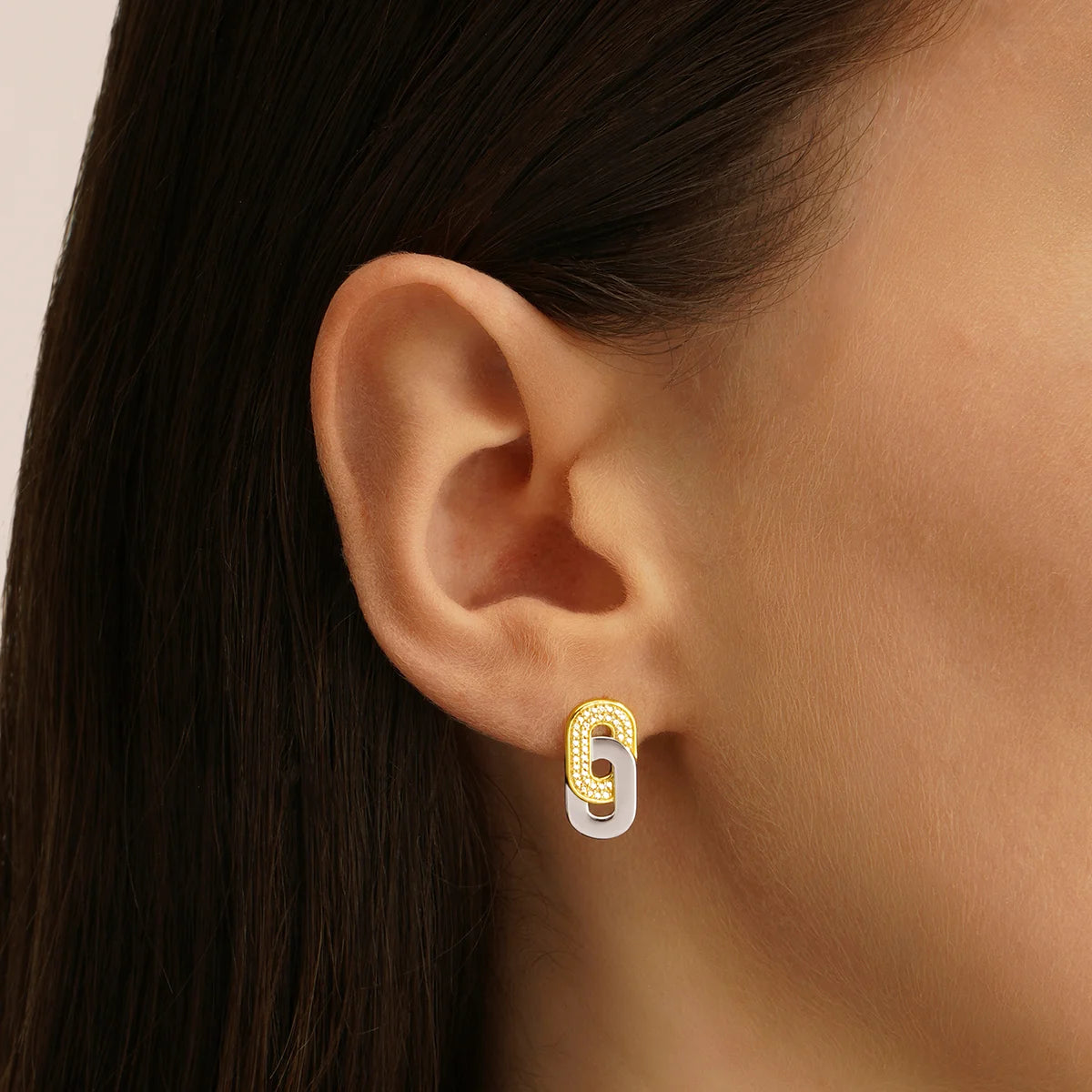 Boucles d’Oreilles deux Maillons Argent Bicolore, Oxydes de zirconium  AGF170199E