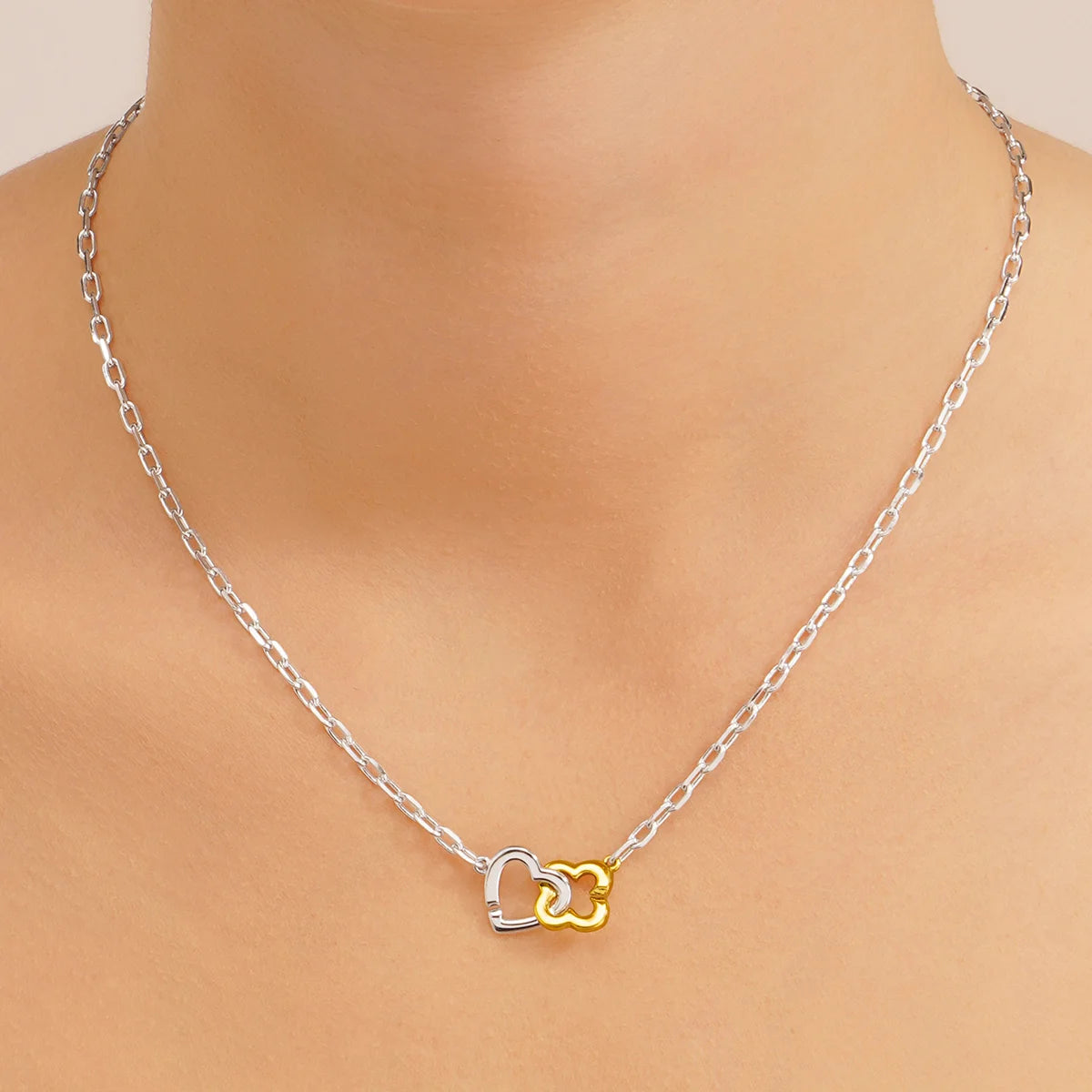 Collier Passion Bicolore Cœur & Trèfle Argent Bicolore