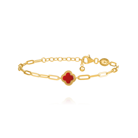 Bracelet Trèfle Agate Rouge Légende Argent Doré & Agate Rouge