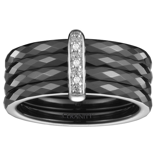 BAG. ARGENT, 4 ANNEAUX 2MM FACETTE CERAM. NOIRE ET 3DTS