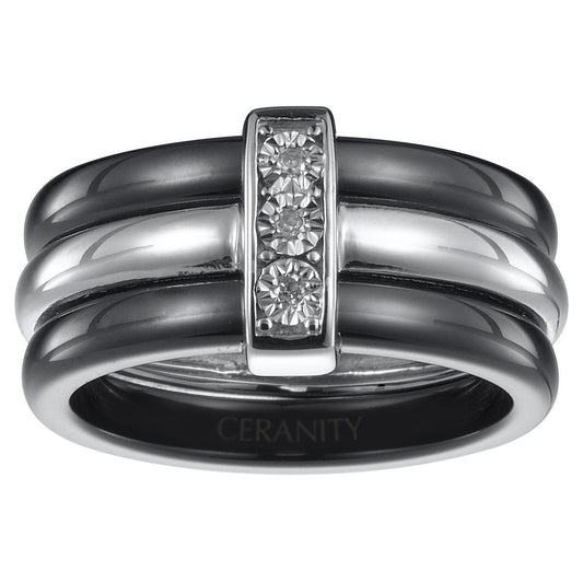 BAGUE 1ANNEAU ARGENT 2CERAM. NOIRE 3DIAM. 0.015CT - Bijouterie Cordier